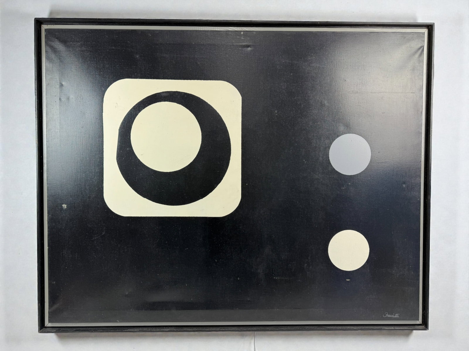 Peter A. Fraschetti Abstract Enamel Painting on Canvas: Artist: Peter A. Fraschetti (American, 20th century). Medium: Enamel on canvas. Date: Mid-20th century. Notes: Exhibition label on reverse from the Tenth Annual Hortt Memorial Exhibition, Fort Lauderd