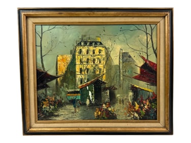 Signed City Street Scene Painting