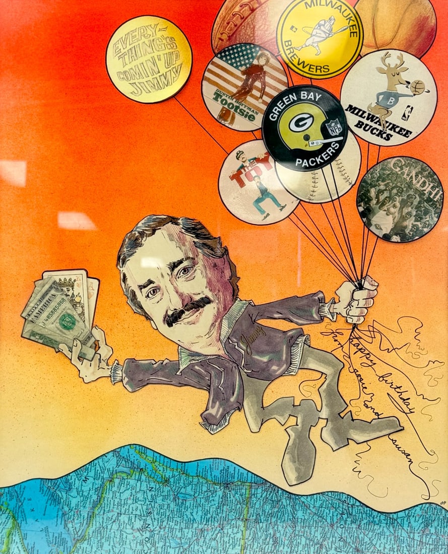 Pop Art Mixed Media Caricature Collage: Medium: Mixed media collag on paper.Artist: Jim Jones.Date: Late 20th century.Notes: Colorful mixed media composition depicting a caricatured figure holding cash and floating with balloon-like element