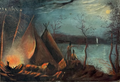 Antique Oil Painting on Canvas Native American scene