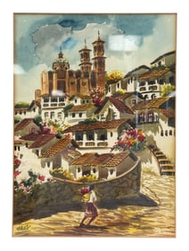 Colonial Town Watercolor Landscape Painting