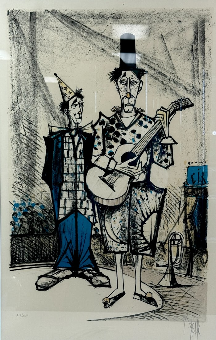 Signed Figurative Clown Musicians: Expressive figurative print depicting two clown musicians, rendered in a bold, linear modern style. The composition features elongated figures, theatrical attire, and musical instruments, with strong