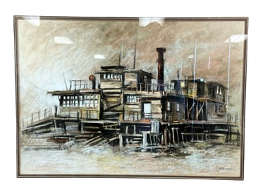 J. Kelly Industrial Waterfront Scene Painting