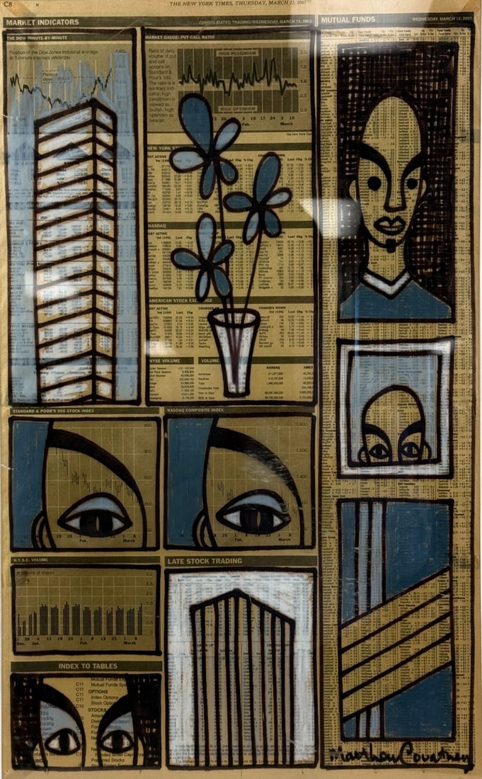 Mixed Media Financial Collage Art on Newspaper: Mixed media collage composed over a New York Times financial section dated March 13, 2003. The composition incorporates hand-painted architectural forms, abstract faces, floral motifs, and graphic ele