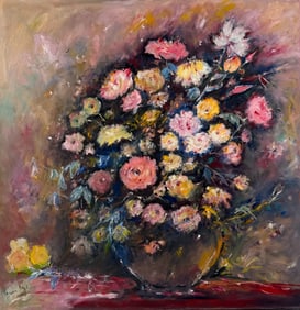VIETNAMESE OIL PAINTING Floral Still Life Painting  VAN DINH 31.5" X 32"
