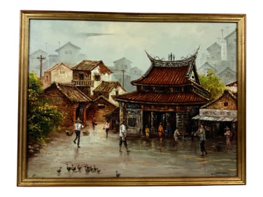 Asian Street Scene with Temple Oil on Canvas signed Johnson