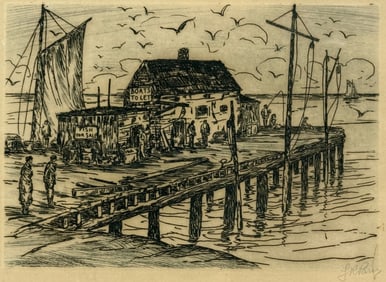 Antique Signed Harbor Pier Scene Drawing