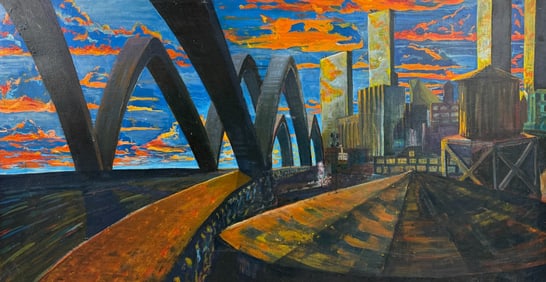 American Urban Bridge and Industrial CityscapePainting Signed Verso