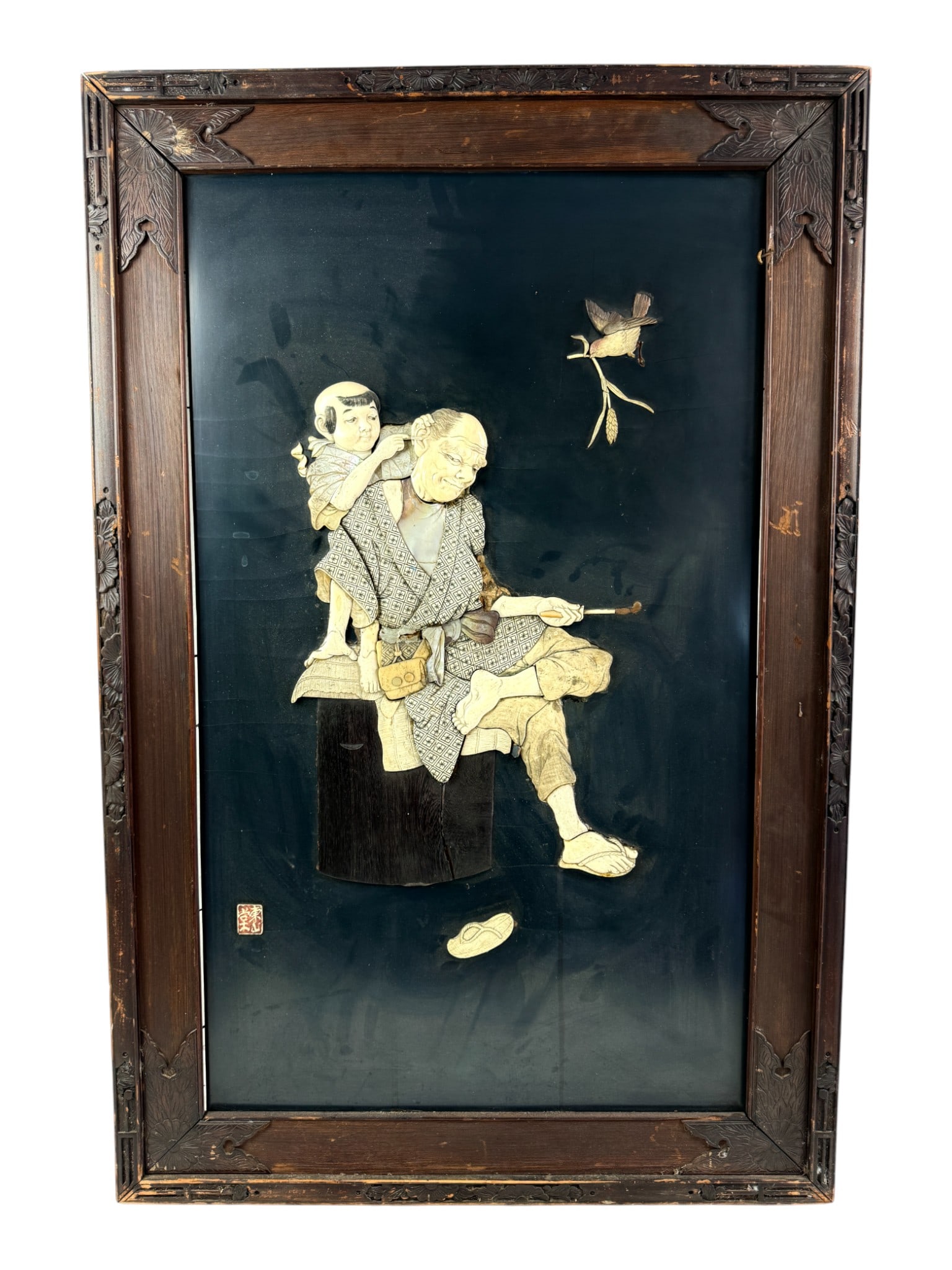 Meji Period Japanese Art Work on wood Panel: Meji Period Japanese Art Work on wood Panel. Size is 23.5" x 35"