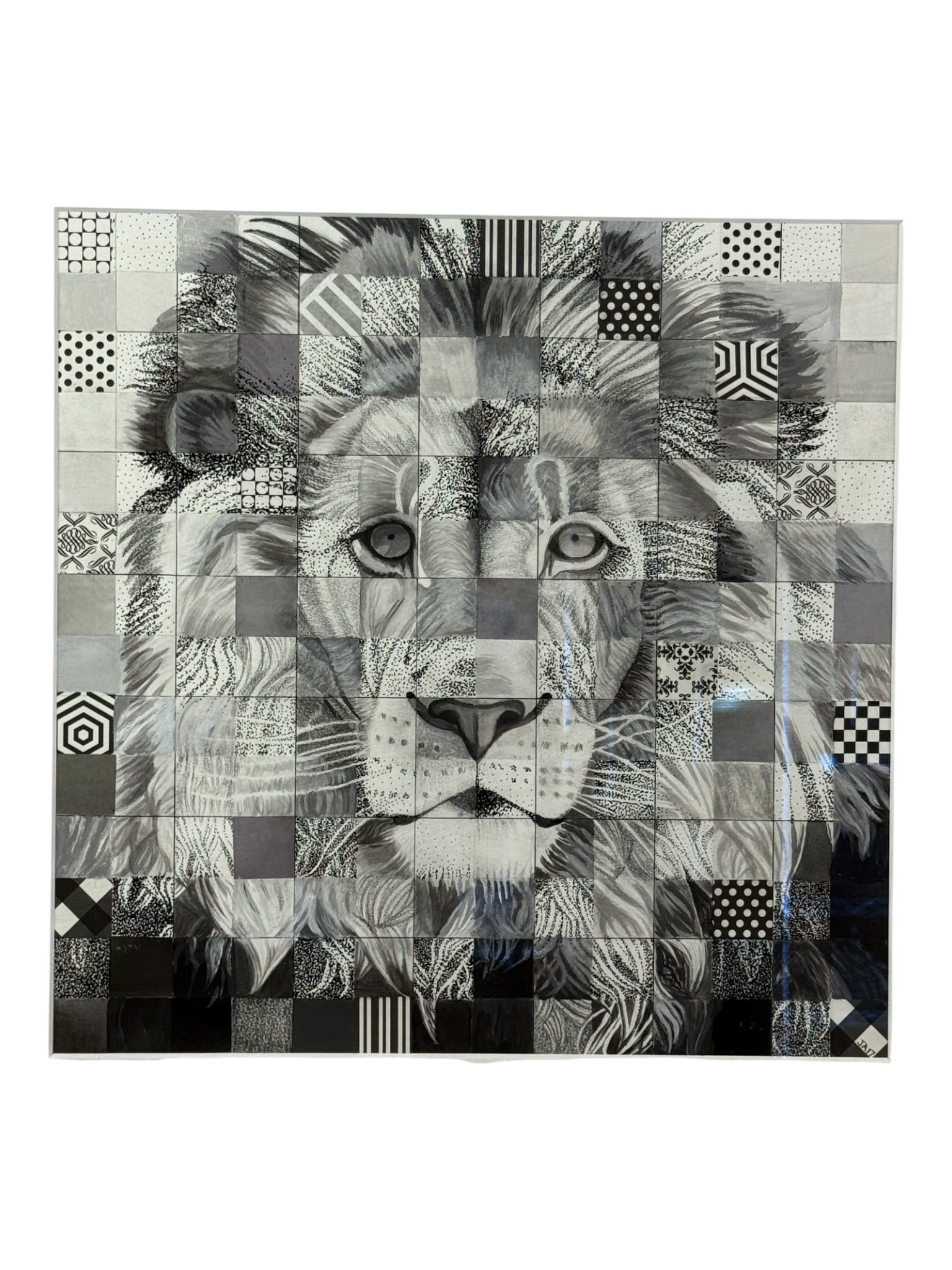 Lion Art Work Mixed Media Collage Signed JA17: Lion Art Work Signed JA17. Size is 23.5" x 23.5"