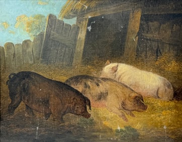 Antique Oil Painting Folk Art Pigs in Pen