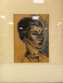 Vintage Charcoal Woman Painting