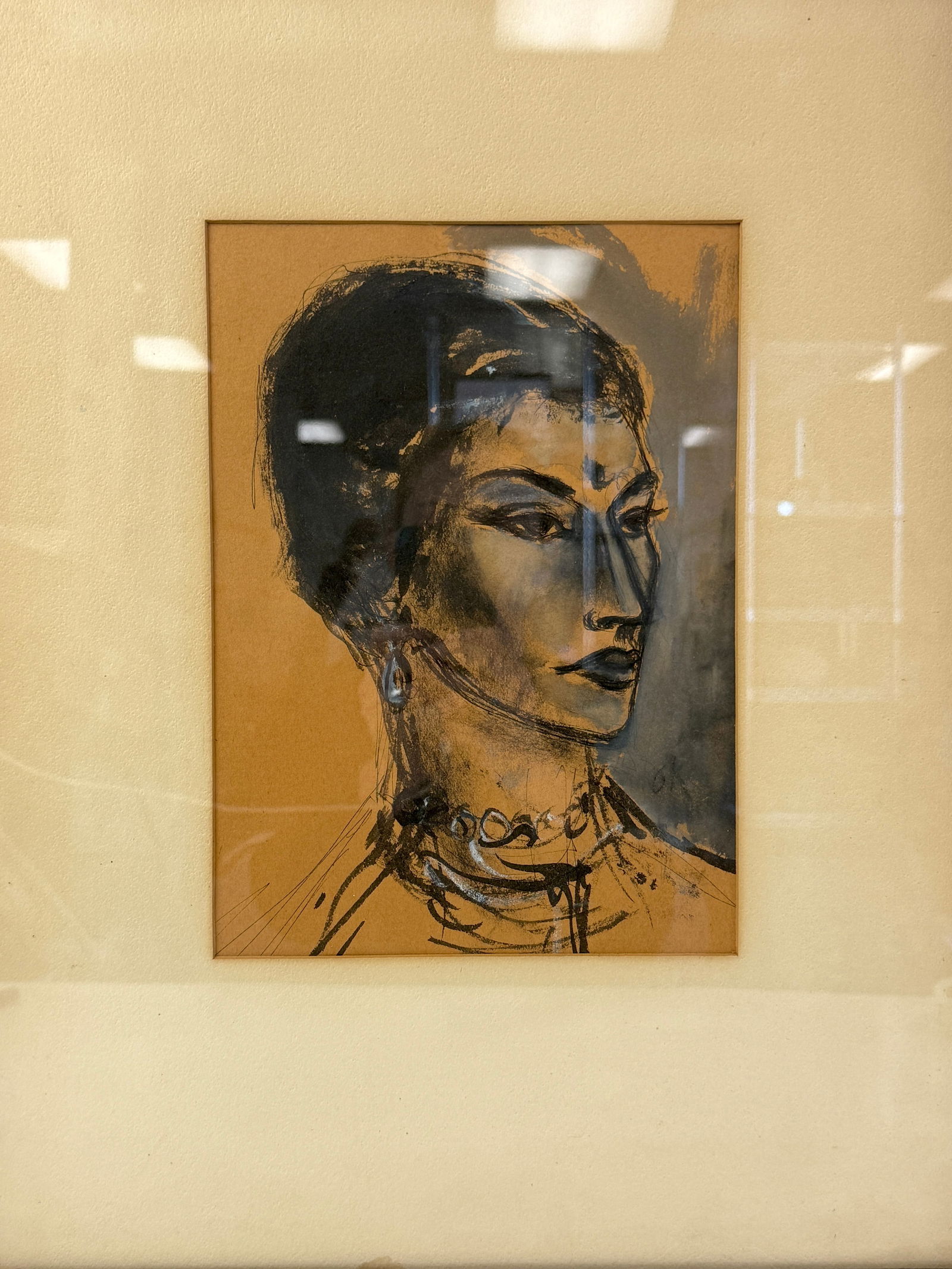 Vintage Charcoal Woman Painting: Vintage Charcoal Woman Painting. Size is 18" x 22.5"