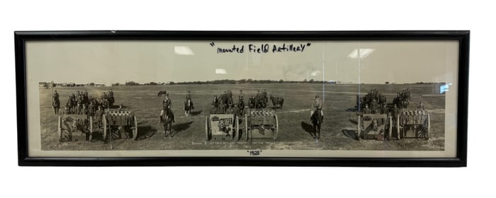 Vintage framed panoramic photograph of a "Mounted Field Artillery" unit from 1925 Military