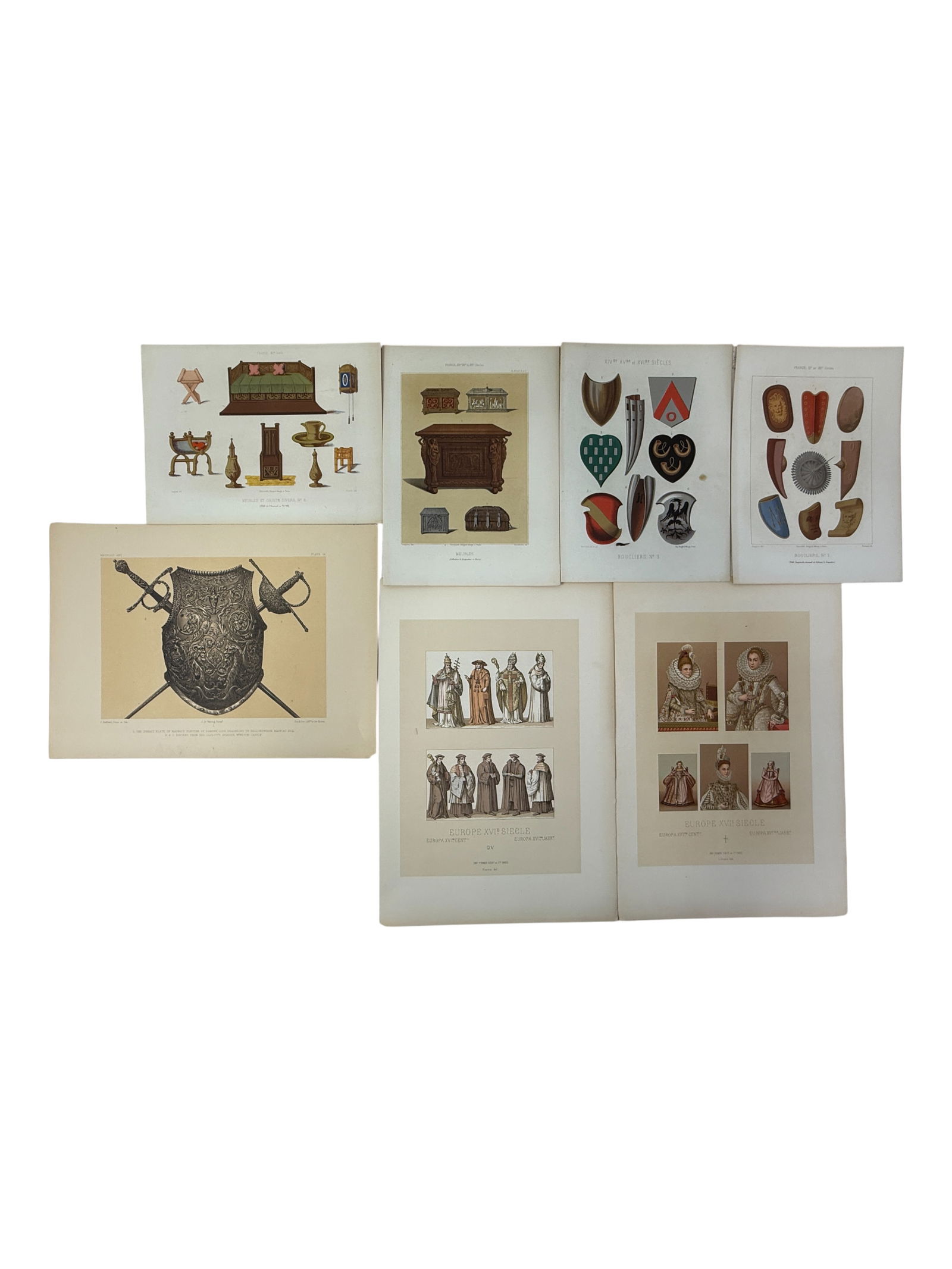 Antique European Costume & Armor Prints: Group of antique and early prints depicting European historical costumes, armor, and furnishings. Printed on paper with hand-colored details. Condition shows toning, edge wear, and handling marks.