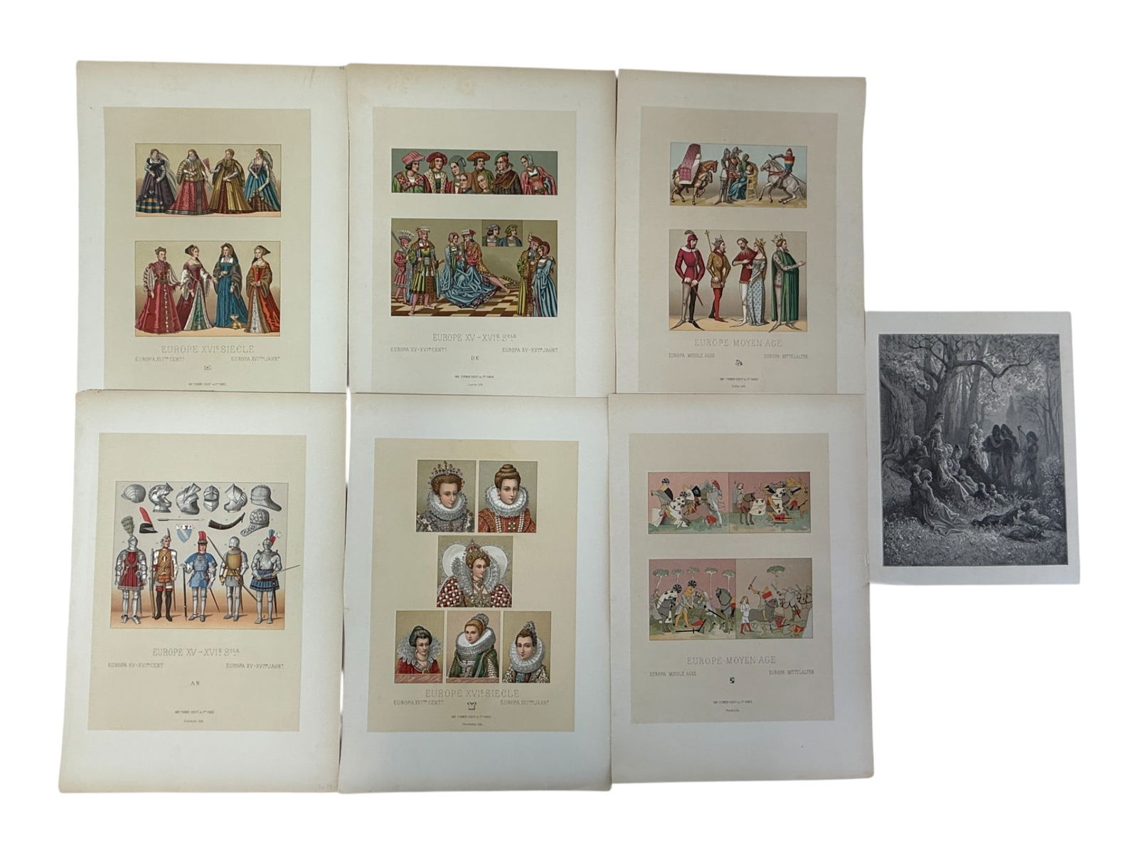 Antique European Costume & Genre Prints: Collection of antique European genre and costume prints illustrating historical dress and scenes. Printed on paper, likely 19th century. Condition varies with foxing, toning, and edge wear.