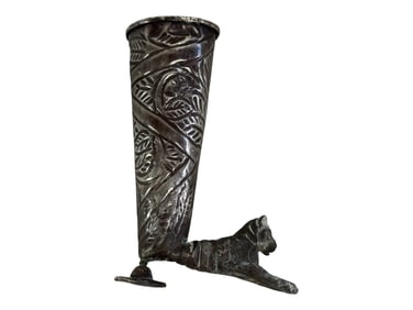 Silvered Metal Rhyton Vessel with Animal Terminal