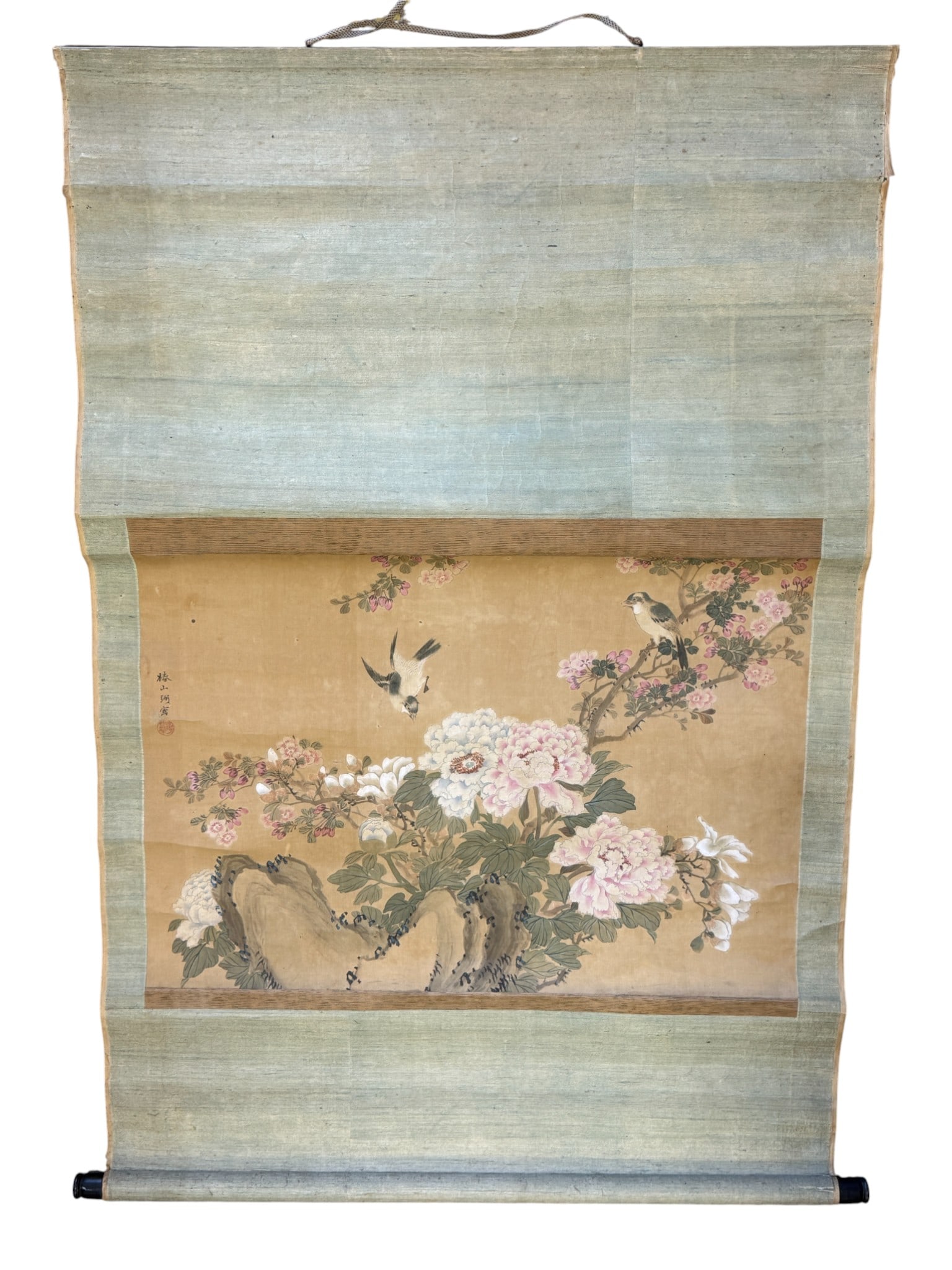 Chinese Hanging Scroll with Floral and Bird Motif: Chinese hanging scroll painting depicting birds among flowering branches, ink and color on paper or silk, mounted on textile backing. Condition shows wear, creasing, and age-related toning.