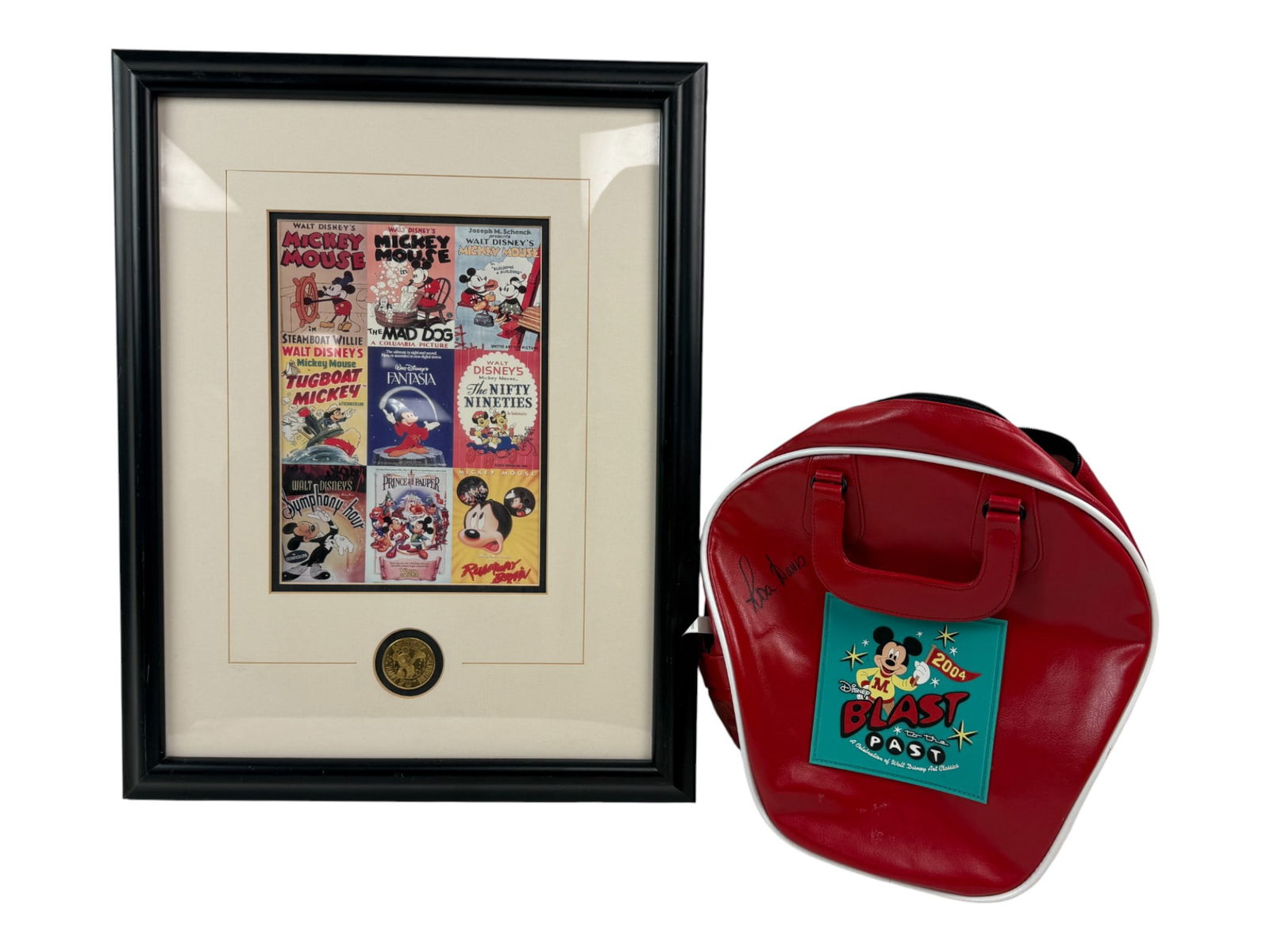 Framed Walt Disney Mickey Mouse Collage: Framed collage featuring classic Walt Disney Mickey Mouse imagery, including iconic film and animation artwork. Professionally matted and framed. A decorative Disney collectible ideal for animation ar