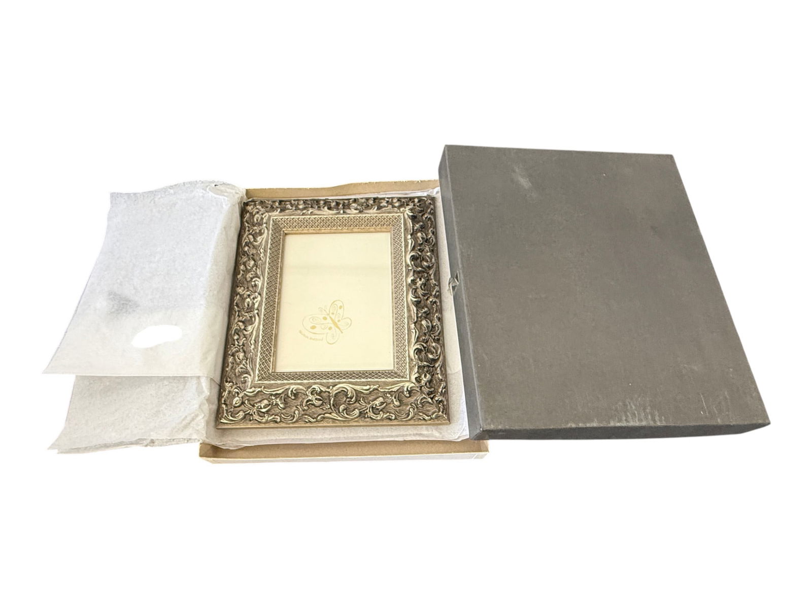 Elegant Gold Tone Ornate Photo Frame Butterfly Emblem in Box: Elegant Gold Tone Ornate Photo Frame Butterfly Emblem in Box