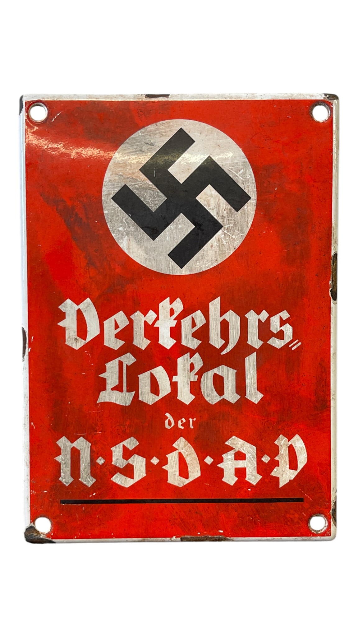 WWII TYPE GERMAN NSDAP ENAMELED METAL WALL SIGN: WWII TYPE GERMAN NSDAP ENAMELED METAL WALL SIGN. A WWII type German Third Reich enameled metal red wall sign with the engraved text, NSDAP Local Headquarters, and a swastika. Four bolt holes in each