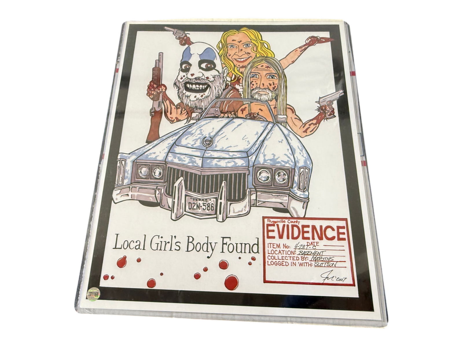 Signed Horror-Themed Art Print: Signed horror-themed art print or poster featuring three armed caricature figures riding in a vintage automobile above the headline “Local Girl’s Body Found,” with faux evidence tag graphic