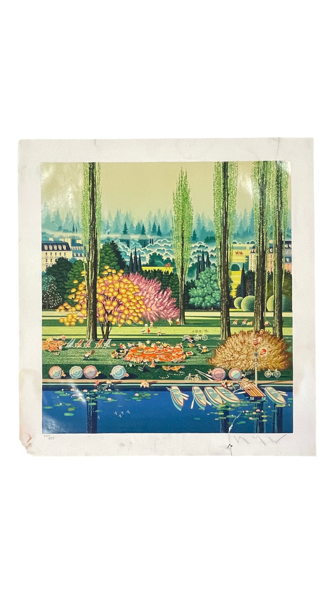 Hiro Yamagata - "Picnic" Limited Edition Signed and Numbered Serigraph 225/295: Hiro Yamagata - "Picnic" Limited Edition Signed and Numbered Serigraph 225/295. Size: 28" x 28". Please see photos for condition. May contain tears and water damage.