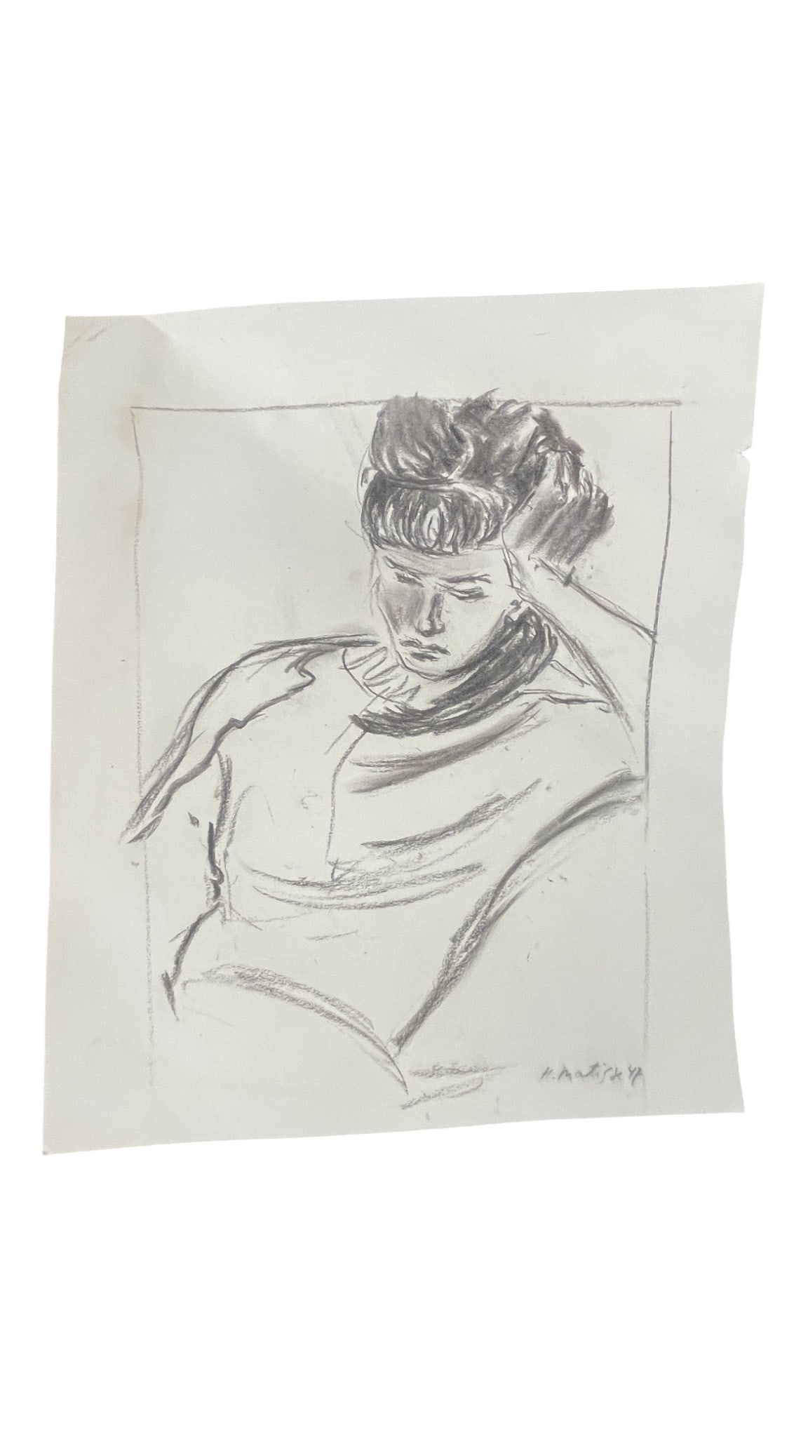 Signed Charcoal Sketch of Seated Woman: Signed Charcoal Sketch of Seated Woman