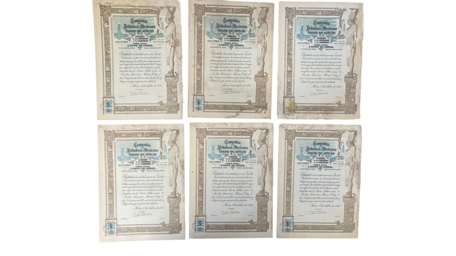 Lot of Six Mexican Oil Stock Certificates: Lot of Six Mexican Oil Stock Certificates