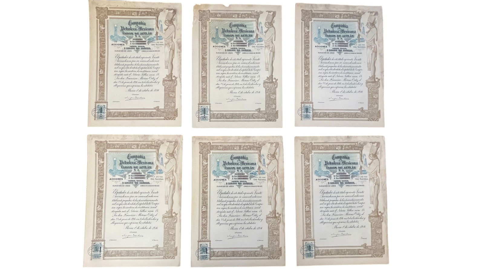 Lot of Six Mexican Oil Stock Certificates: Lot of Six Mexican Oil Stock Certificates