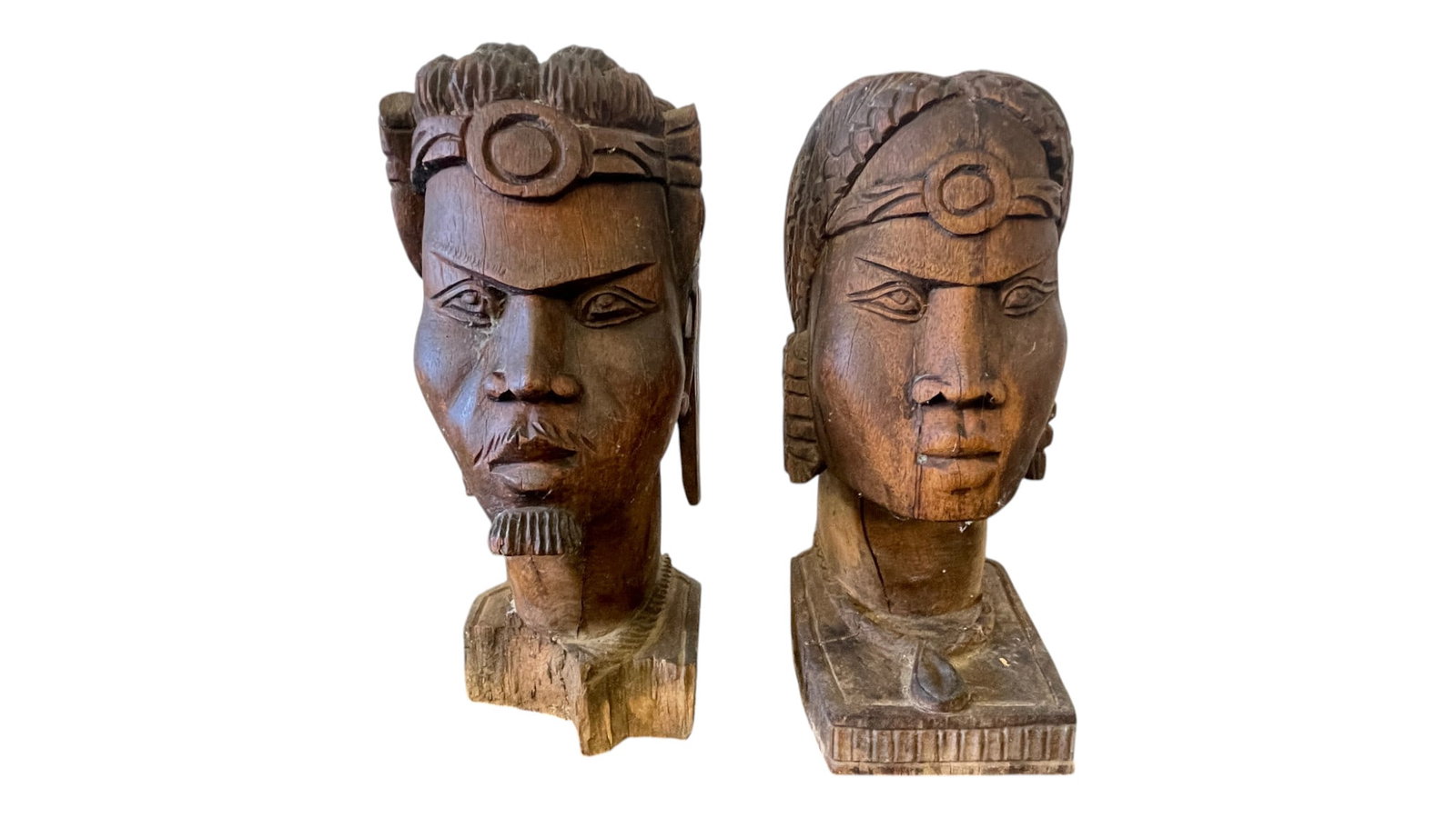 Pair of Pacific Island Hawaii Carved Wood Bust Statue (1 of 13)