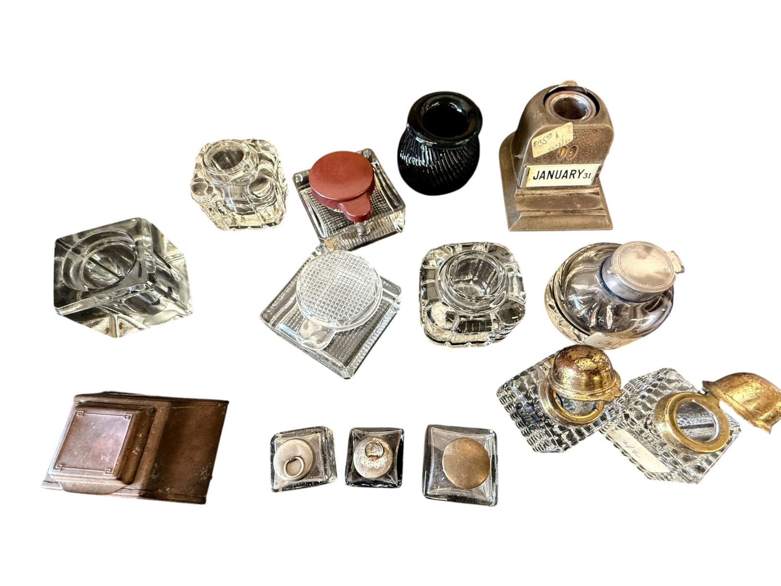Collection of Vintage Glass Inkwells and Desk Accessories: Collection of Vintage Glass Inkwells and Desk Accessories