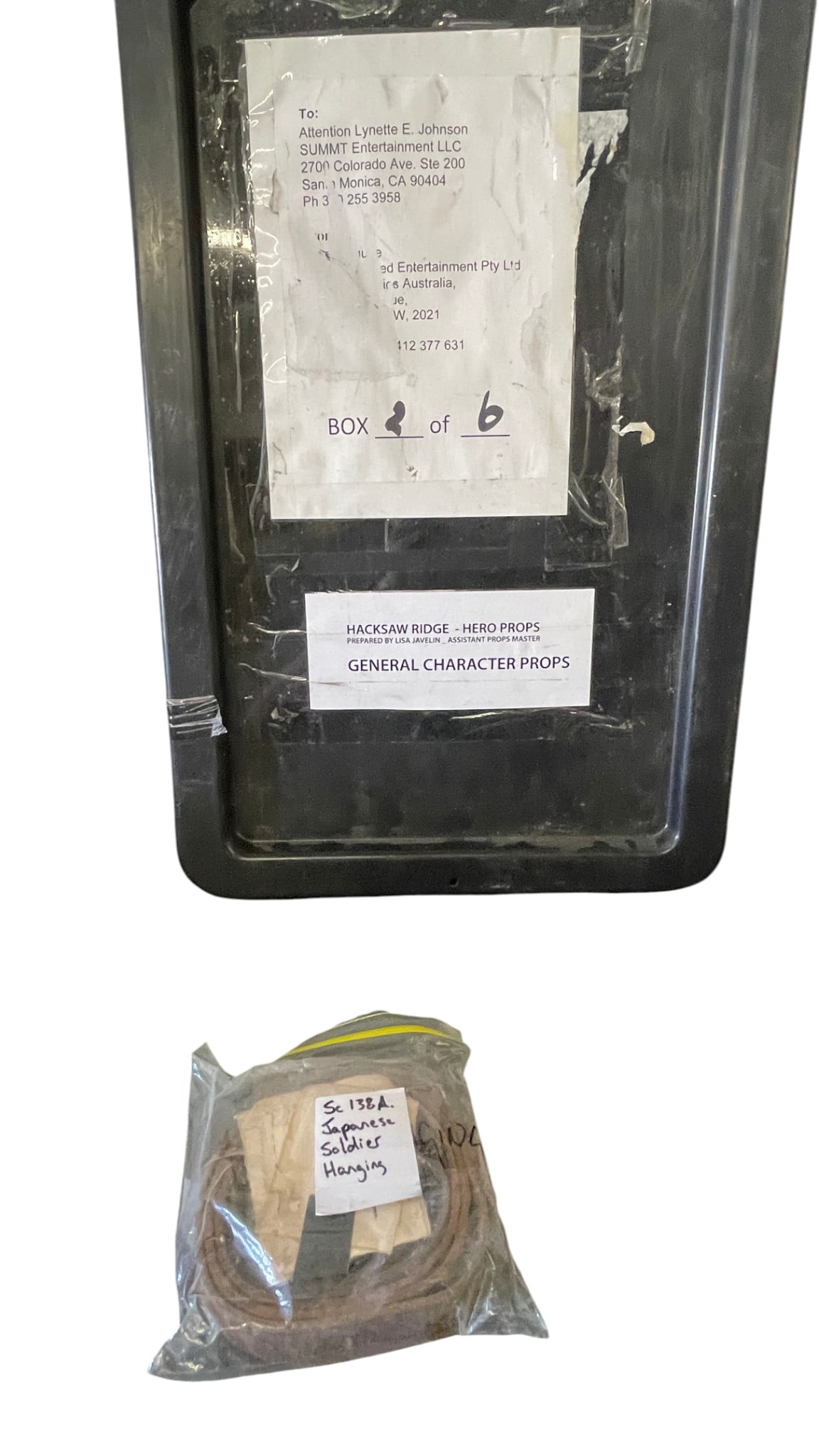 Hacksaw Ridge Original Character Props - Contents of Hanging Japanese Soldier: Hacksaw Ridge Original Character Props - Contents of Hanging Japanese Soldier. Leather belt and family photographs. SC138A.