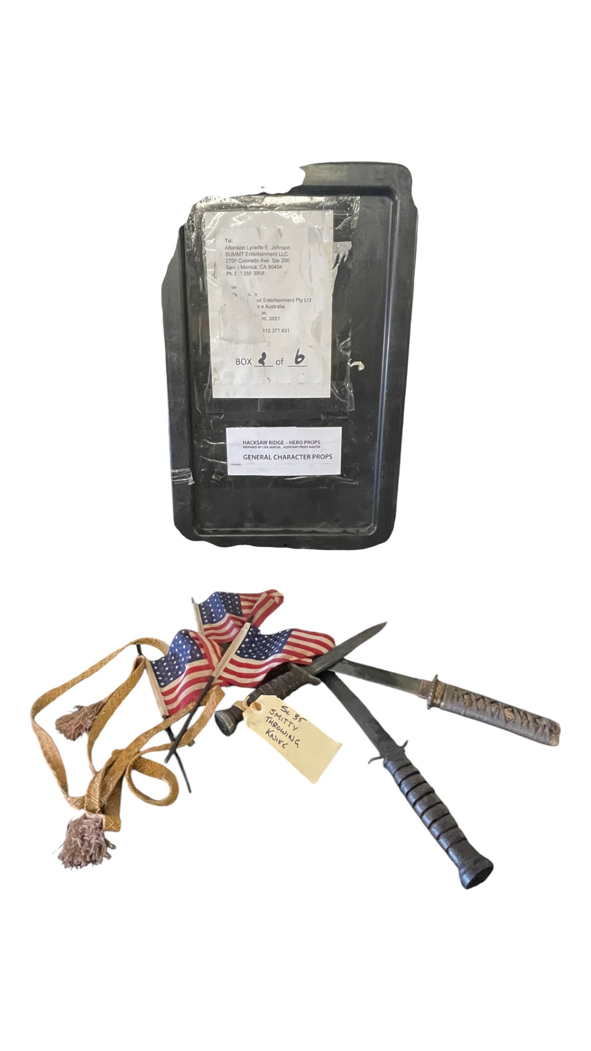 Hacksaw Ridge Original Character Props - Smitty Ryker Throwing Knives, US Flags and Tanto Knife: Hacksaw Ridge Original Character Props - Smitty Ryker (Luke Bracey) Throwing Knives, US Flags and Tanto Knife. SC 35.