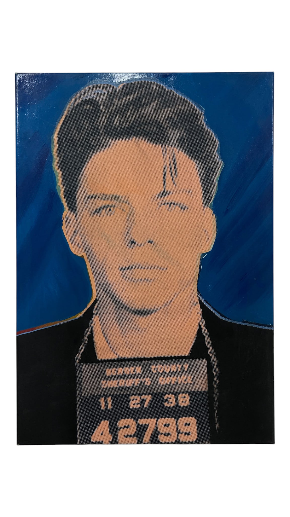 Steve Kaufman - Frank Sinatra Mugshot (Blue) Signed and Numbered Silkscreen on Canvas: Steve Kaufman - Frank Sinatra Mugshot (Blue) Signed and Numbered Screenprint on Canvas. Two signatures with inscription on verso reading, "To a real swinger". Numbered 59/150. Centaur Sculpture Galler