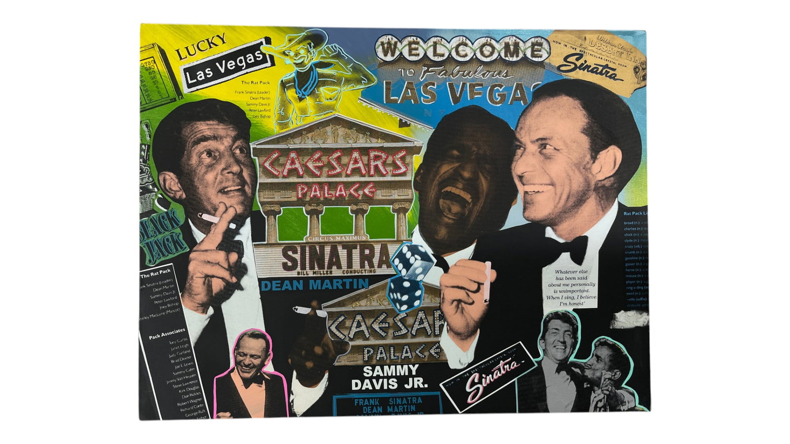 Steve Kaufman - The Ratpack II at Caesar's Palace AP Silkscreen on Canvas: Steve Kaufman - The Ratpack II at Caesar's Palace AP Silkscreen on Canvas. Signed twice on verso. Inscribed, "To a real swinger" and "Peace + Respect". AP 2/25. Centaur Sculpture Galleries COA. 39" x