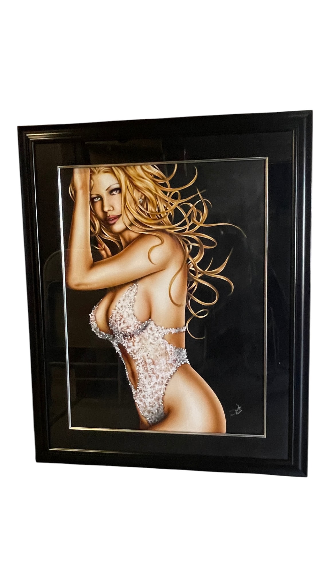 Jennifer Janesko - Girl in White, Airbursh and Mixed Media Painting, Signed and Dated 2000: Jennifer Janesko - Girl in White, Airbursh and Mixed Media Painting, Signed and Dated 2000. Signed and dated lower right. Size: 42 1/2" x 52 1/2" with frame. Size of image: 29" x 39".