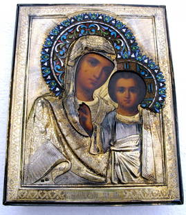 Fine Russian Silver Enamel Icon Kazanskaya Mother God: Fine Russian Silver Enamel Icon Kazanskaya Mother of God. Amazing late 19th. century Russian Silver Gilt Enameled hand painted icon the 'Kazanskaya Mother of God'. Naturalistically painted within a Si