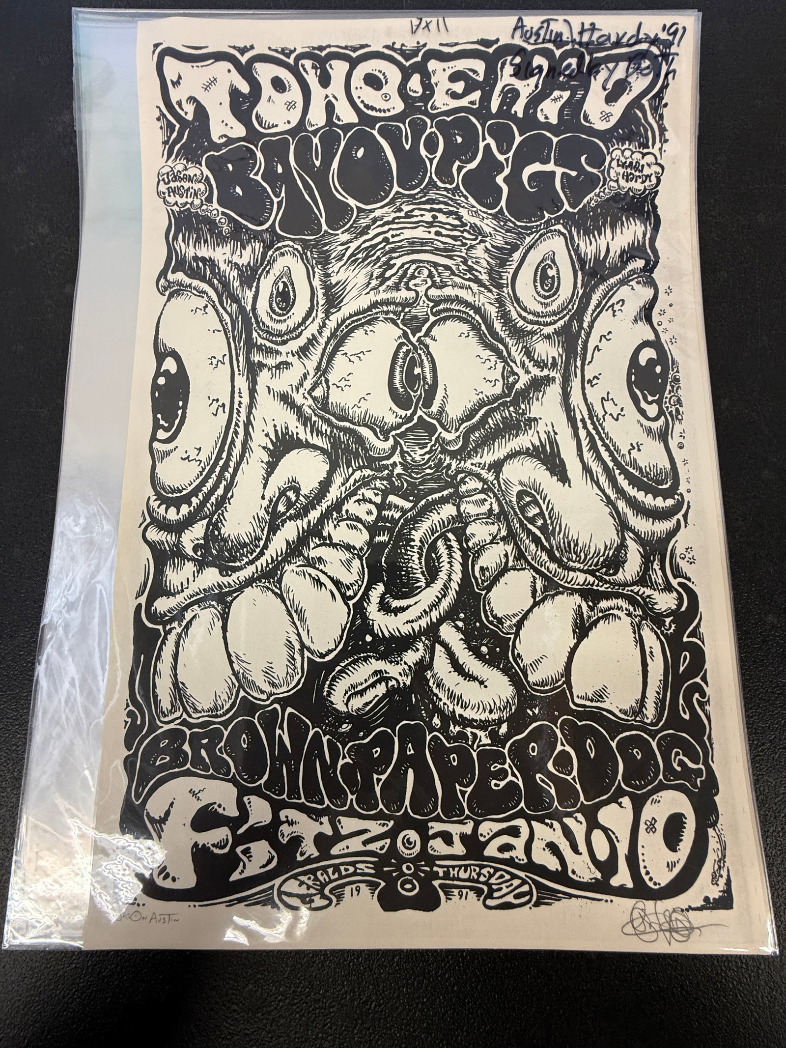 Bayou PIgs and Brown Paper Dog Vintage Concert Poster Signed by Jason Austin 1991: Bayou PIgs and Brown Paper Dog Vintage Concert Poster Signed by Jason Austin 1991