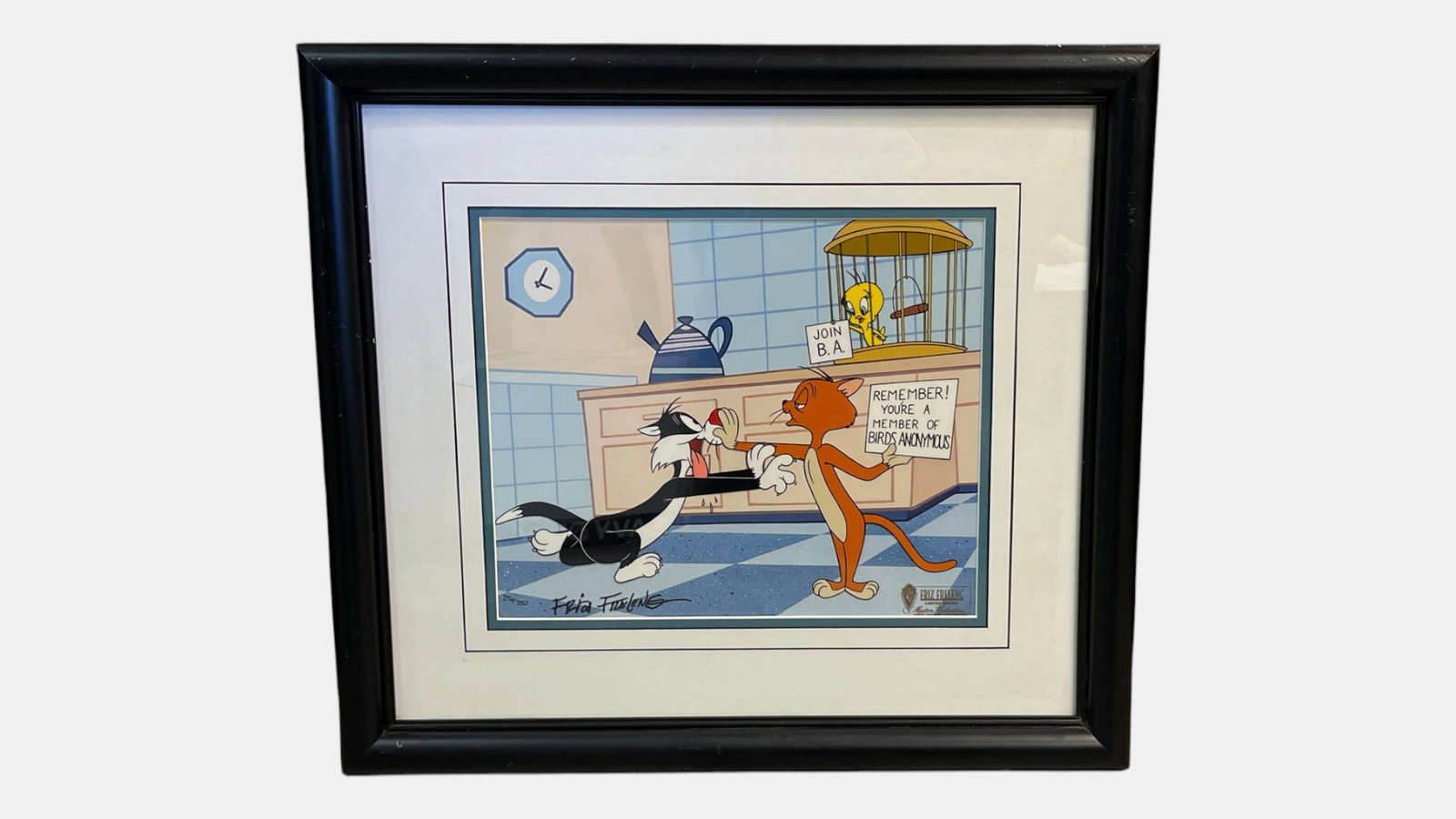 Friz Freleng - "Birds Anonymous" Limited Edition Animation Cel with COA 296/750: Friz Freleng - "Birds Anonymous" Limited Edition Animation Cel with COA 296/750. Size with frame: 20" x 18". Size of cel: 12" x 10".