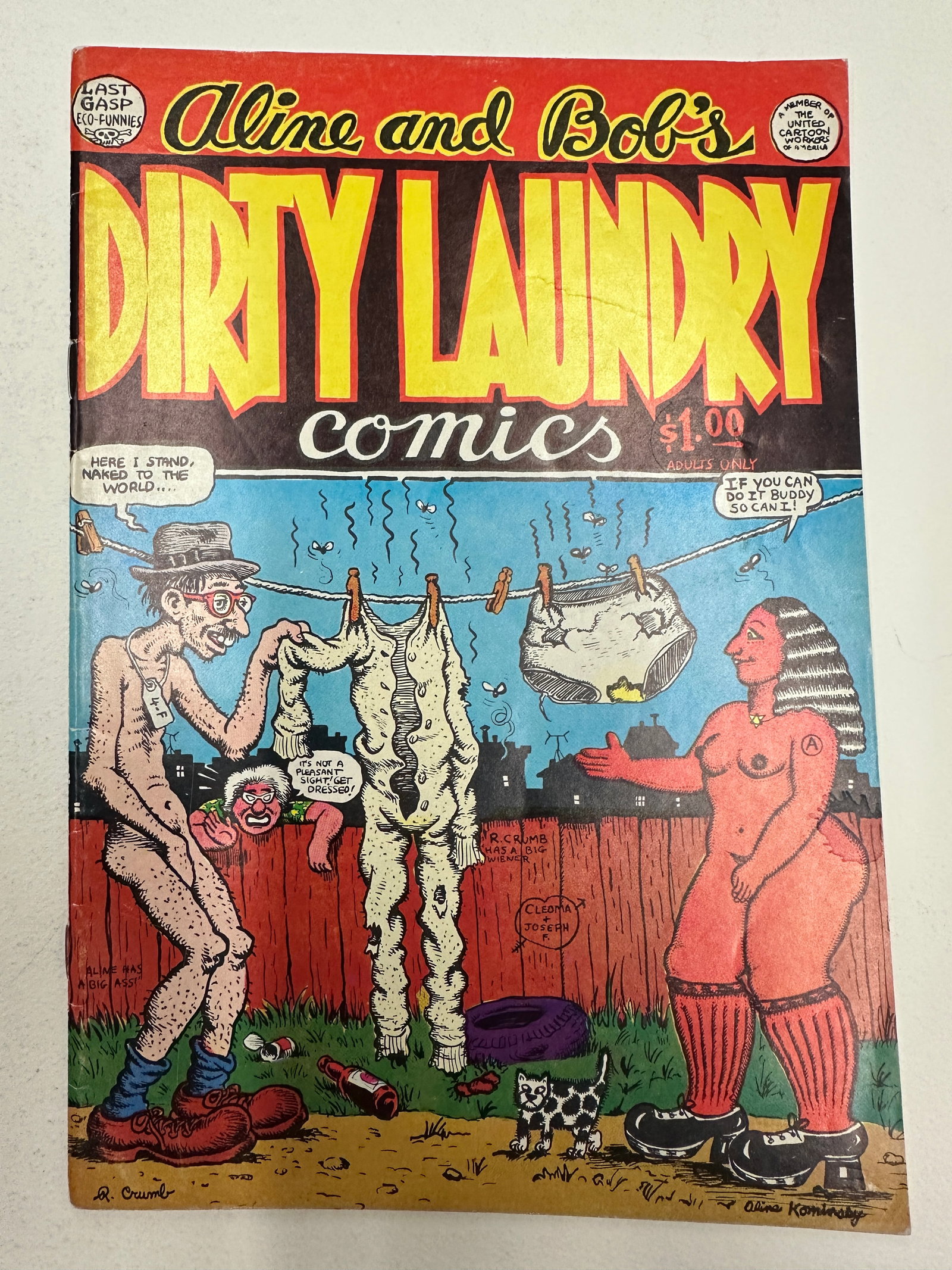 Aline and Bob's Dirty Laundry Comics #1, Last Gasp Eco-Funnies, 1974: A copy of 'Aline and Bob's Dirty Laundry Comics,' an underground comix publication produced by the husband-and-wife team of Aline Kominsky-Crumb and Robert Crumb, published by Last Gasp Eco-Funnies in