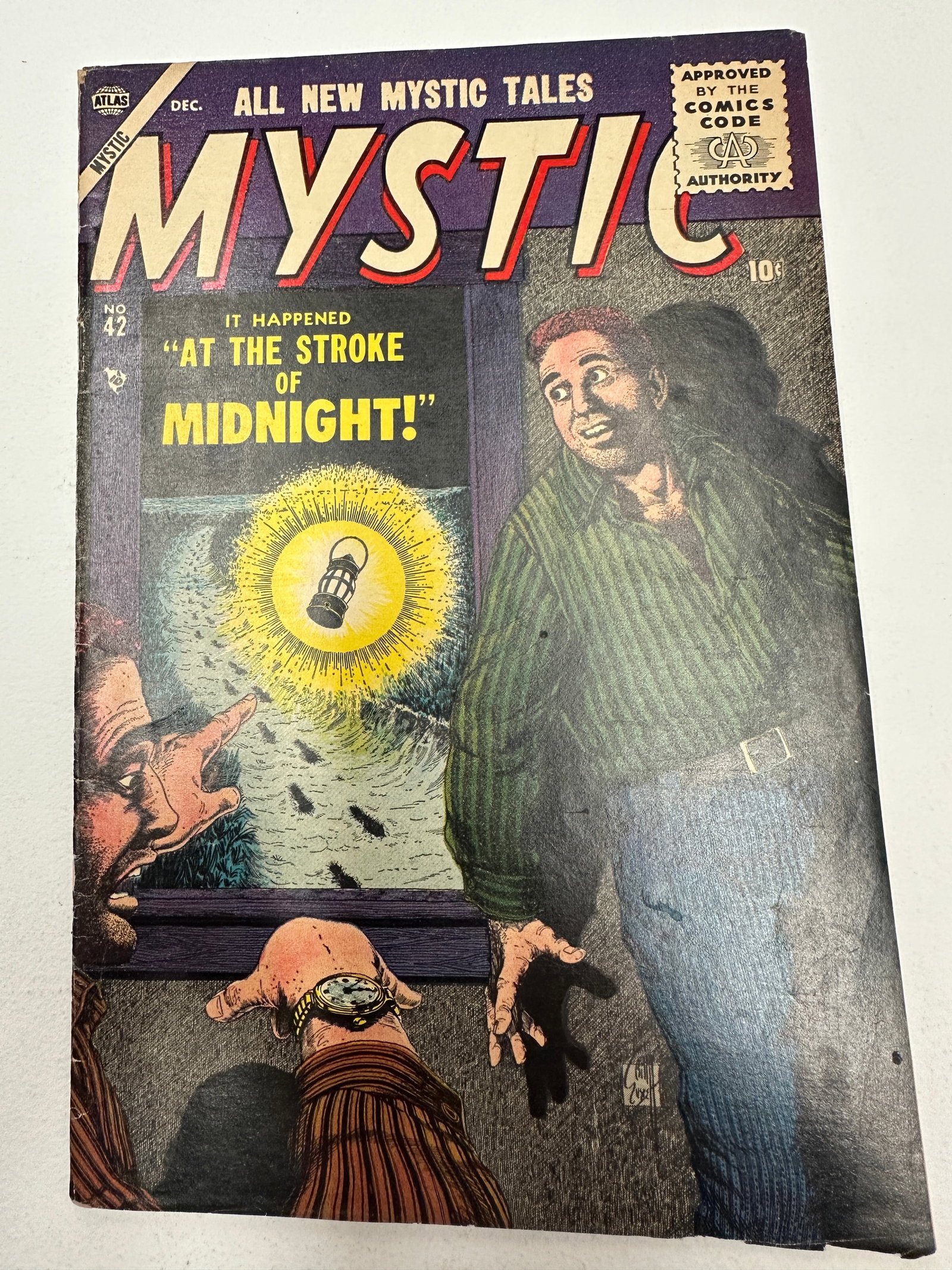 Mystic #42 Atlas Comics Dec 1955 'At The Stroke of Midnight' Pre-Silver Age: Mystic #42 published by Atlas Comics (Marvel's predecessor), cover dated December 1955, featuring the story 'It Happened At The Stroke of Midnight!' This is a pre-Silver Age horror/mystery anthology t