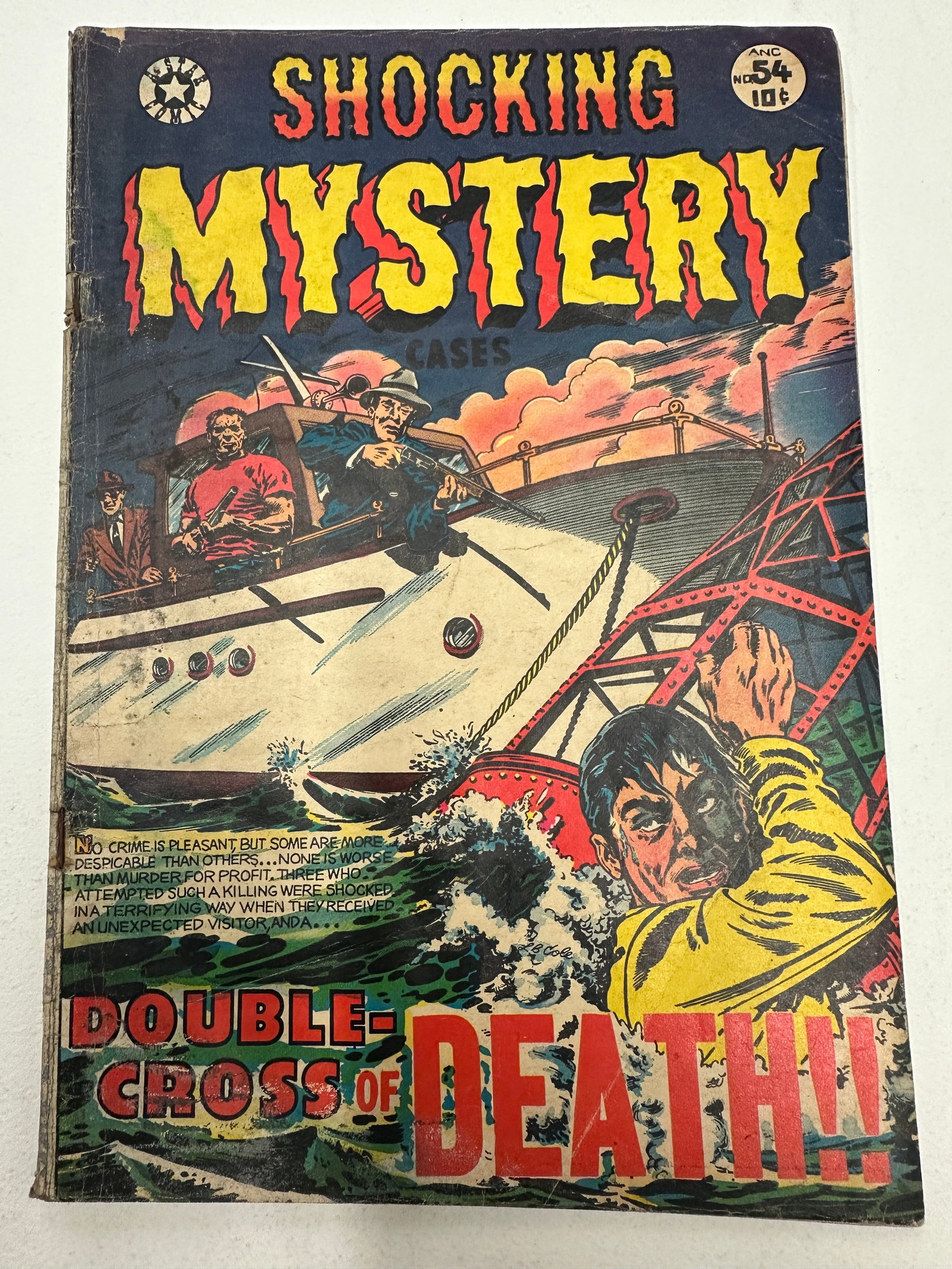Shocking Mystery Cases #54 Star Publications 1954 Crime Comic Double-Cross of Death: Shocking Mystery Cases #54, published by Star Publications, dated 1954, featuring the lead story 'Double-Cross of Death' with a dramatic nautical cover scene depicting figures on a ship amid turbulent