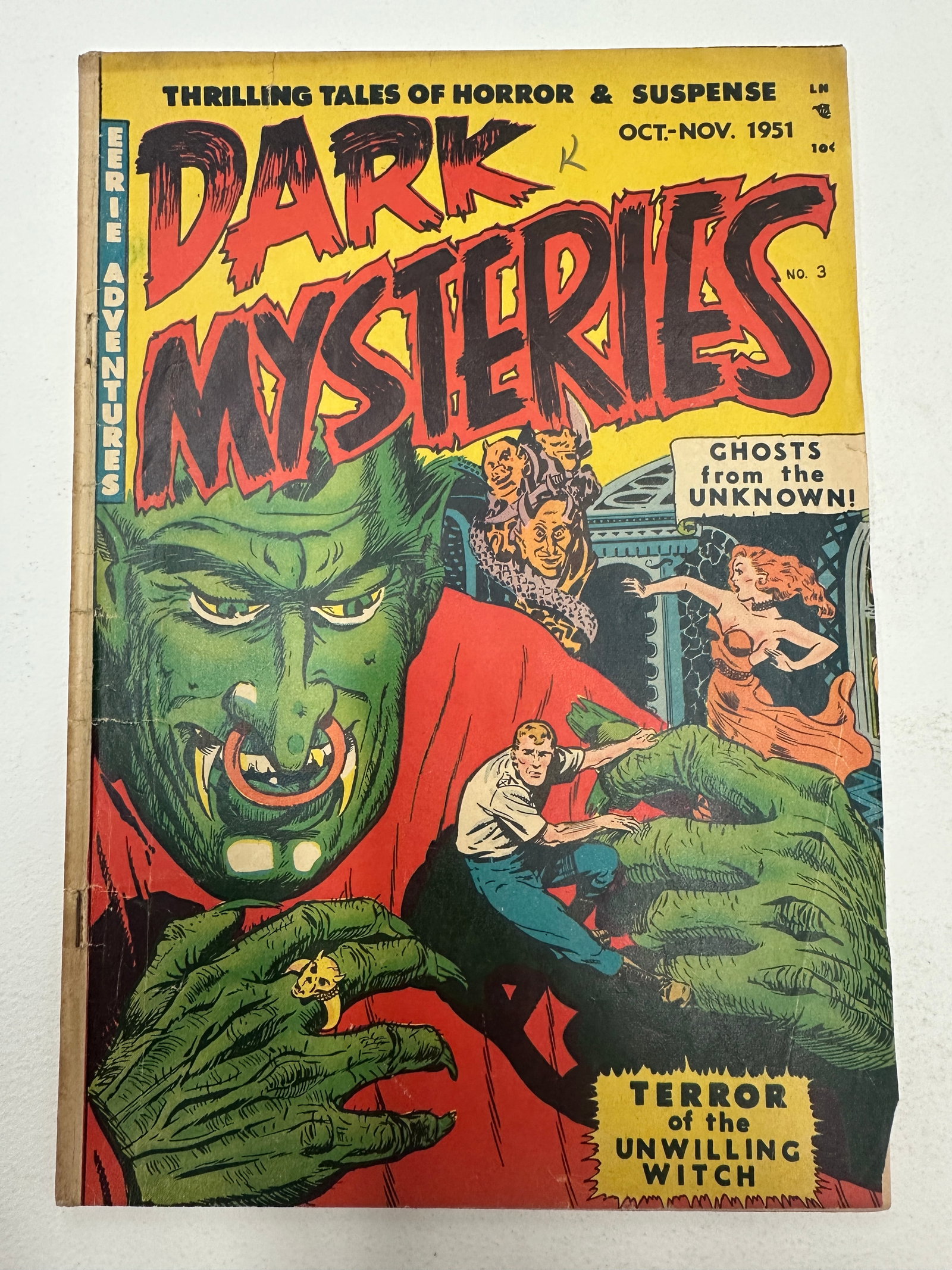 Dark Mysteries #3 Comic Book, Master Publications, Oct-Nov 1951: Dark Mysteries #3 (Oct-Nov 1951), published by Master Publications, subtitled 'Thrilling Tales of Horror & Suspense.' This pre-Code Golden Age horror comic features a striking cover depicting a menaci
