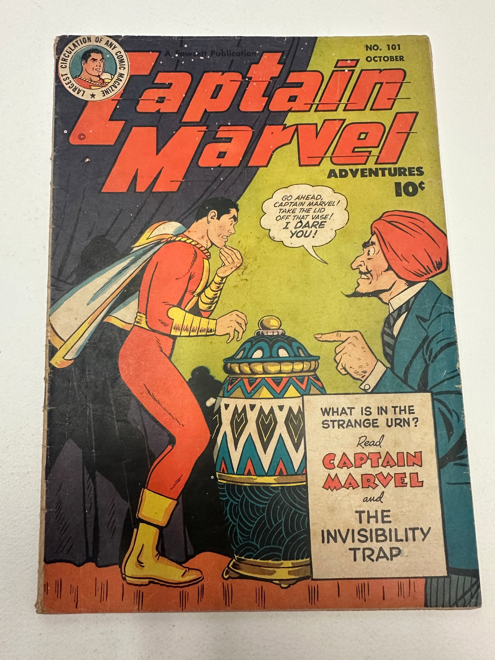 Captain Marvel Adventures #101, Fawcett Publications, October 1949: Captain Marvel Adventures #101, published by Fawcett Publications, cover dated October 1949, priced at 10 cents. The cover features Captain Marvel facing a turbaned villain over a decorated urn, teasi