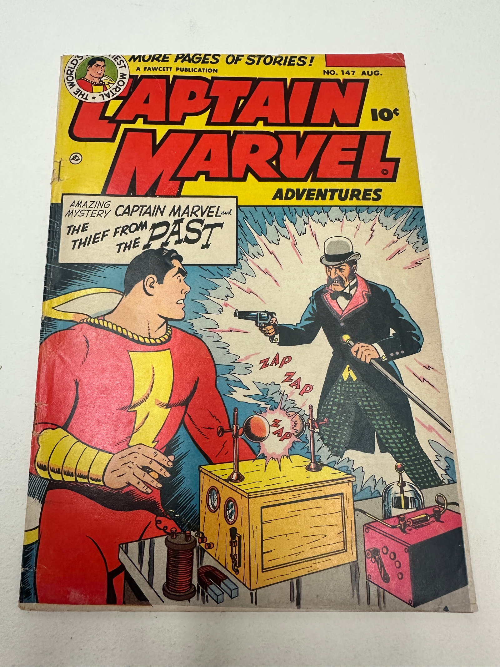 Captain Marvel Adventures #147, Fawcett Publications, August 1953: Captain Marvel Adventures #147, published by Fawcett Publications, August 1953, priced at 10 cents. This Golden Age comic features the story 'Captain Marvel and the Thief from the Past' with dramatic