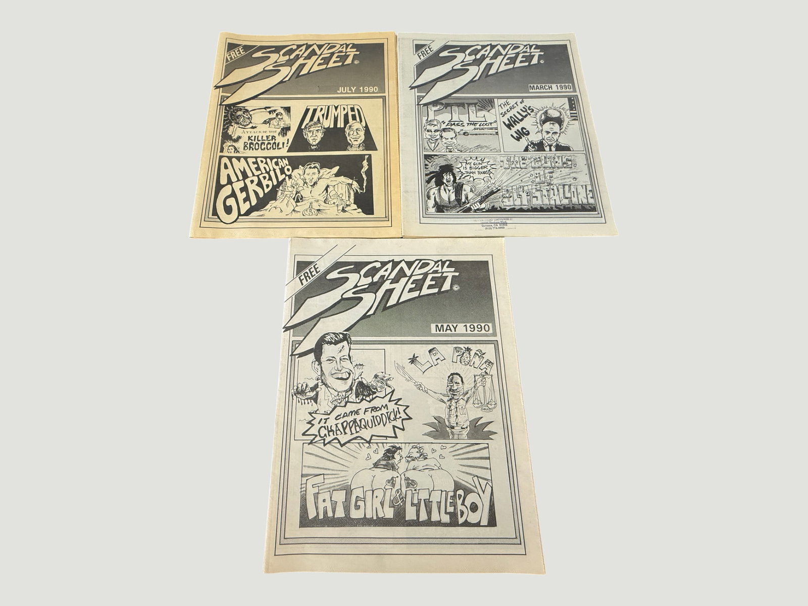 Scandal Sheet Free Satirical Comic Newspaper Lot x3 Issues 1990 (Mar/May/Jul): A collection of three issues of 'Scandal Sheet,' a free satirical underground comic newspaper published in Torrance, California, dated March, May, and July 1990. Each issue features black-and-white