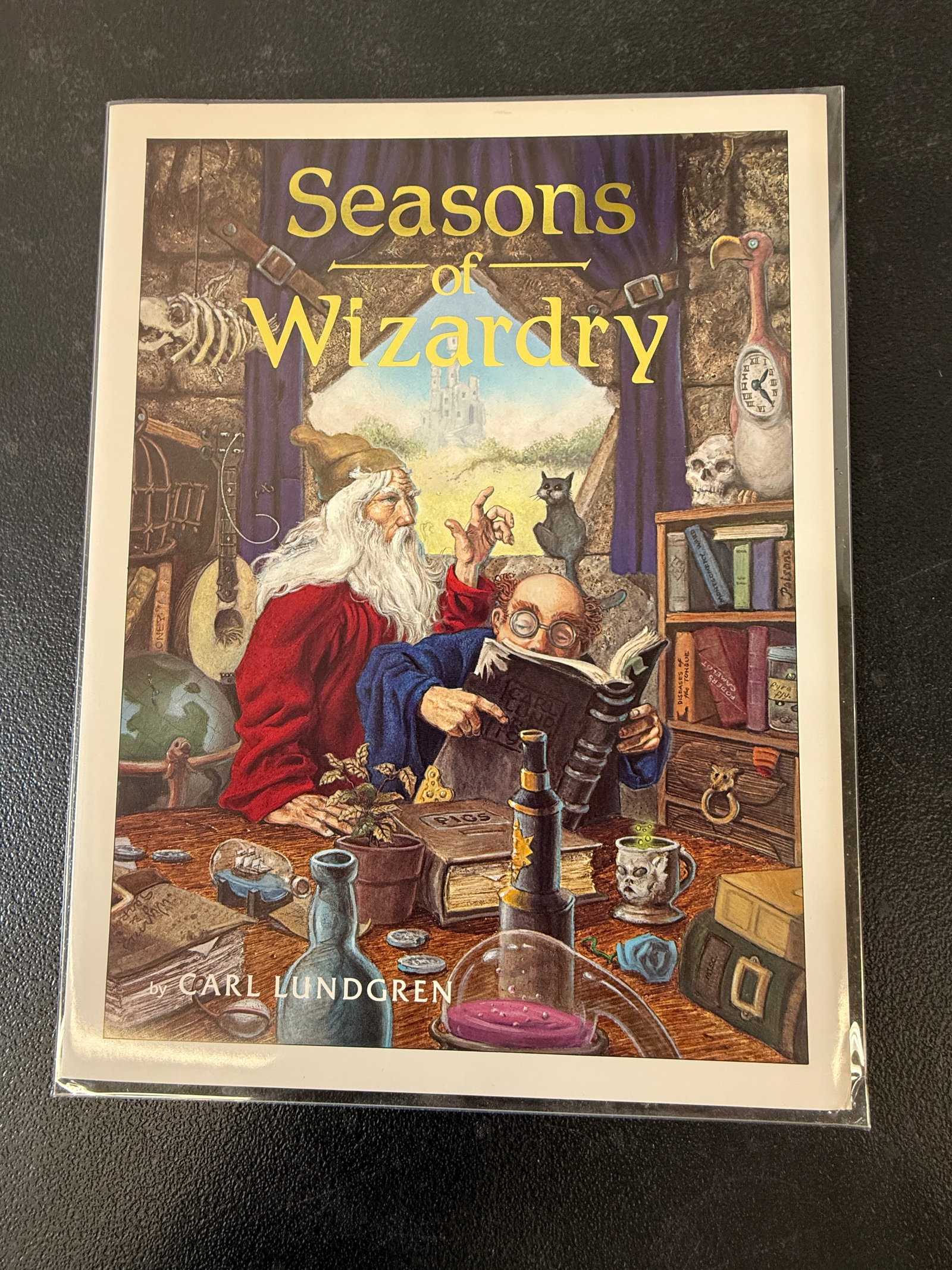 Seasons of Wizardry by Carl Lundgren – Illustrated Fantasy Art Book: A copy of 'Seasons of Wizardry' by Carl Lundgren, a celebrated fantasy illustrator known for his highly detailed, richly painted artwork. The cover features a quintessential wizard scene with an elder