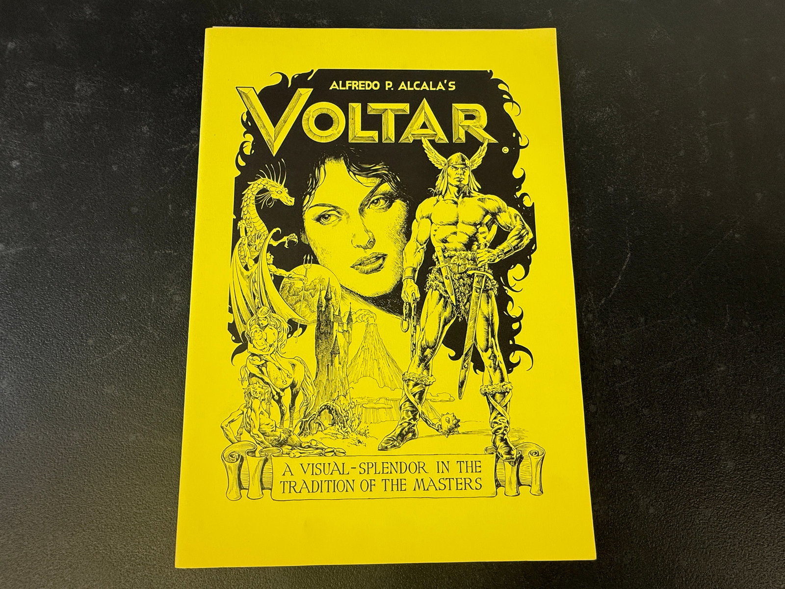Alfredo P. Alcala's VOLTAR Comic Book - 'Visual Splendor in the Tradition of the Masters': A copy of 'Voltar' by Filipino-American comic book artist Alfredo P. Alcala, published in the 1980s. This yellow-covered publication showcases Alcala's signature highly detailed pen-and-ink