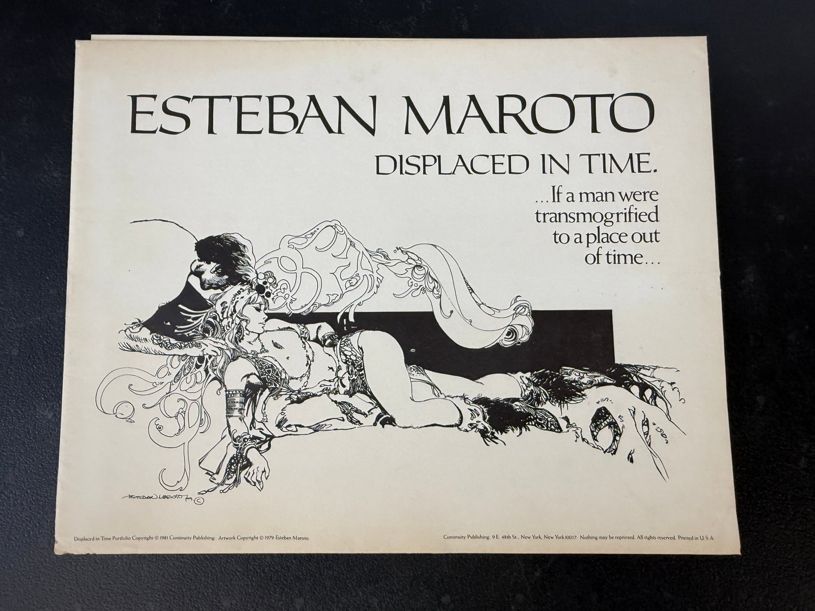 Esteban Maroto 'Displaced in Time' Portfolio, Continuity Publishing, 1981: Cover sheet from the 'Displaced in Time' art portfolio by celebrated Spanish comic artist Esteban Maroto, published by Continuity Publishing, 9 E. 48th St., New York, in 1981. The artwork copyright